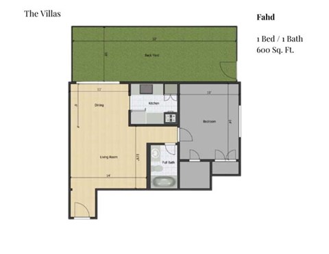 Floor plan for 1 bed, 1 bath, 600 sqft
